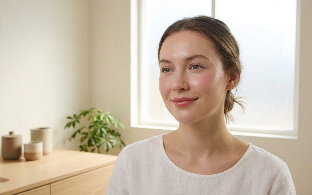 Medium close-up of a young woman with natural makeup, glowing skin, in a bright, minimalist vanity bathed in soft morning light.