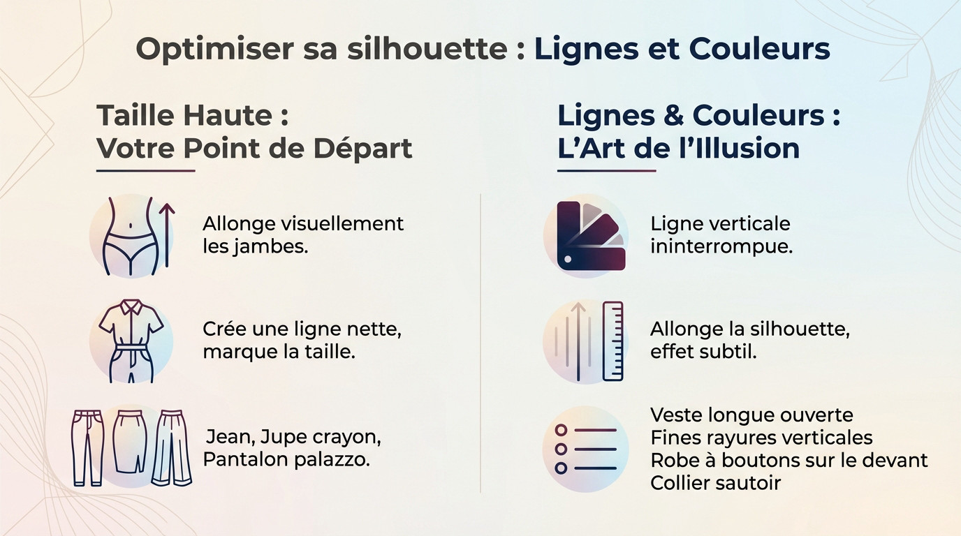 Femme petite portant une tenue monochrome et taille haute pour allonger la silhouette