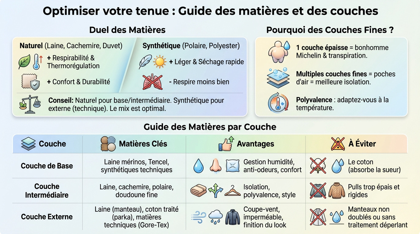 Schéma explicatif des couches de vêtements pour un layering homme réussi en hiver