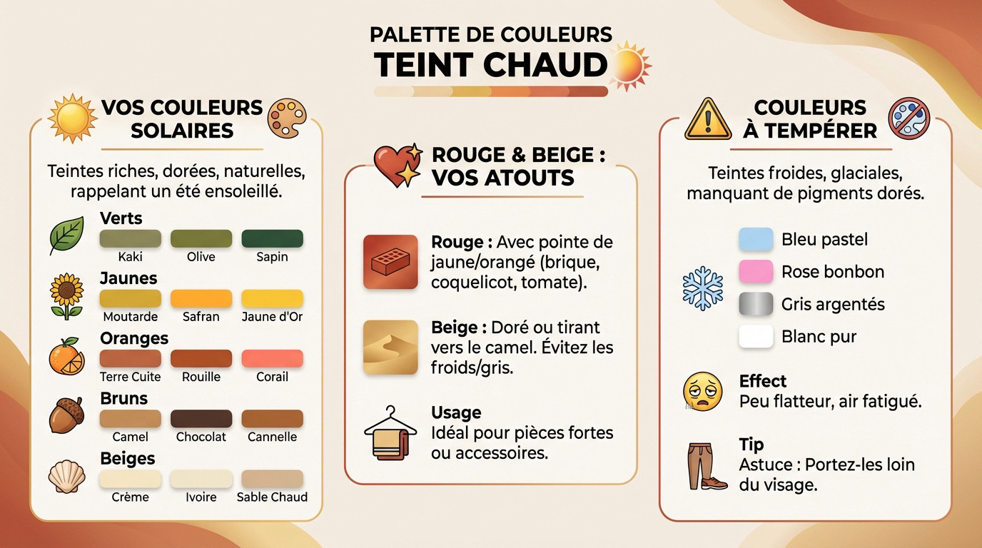 Palette de couleurs idéale pour les teints chauds avec des nuances terreuses et dorées