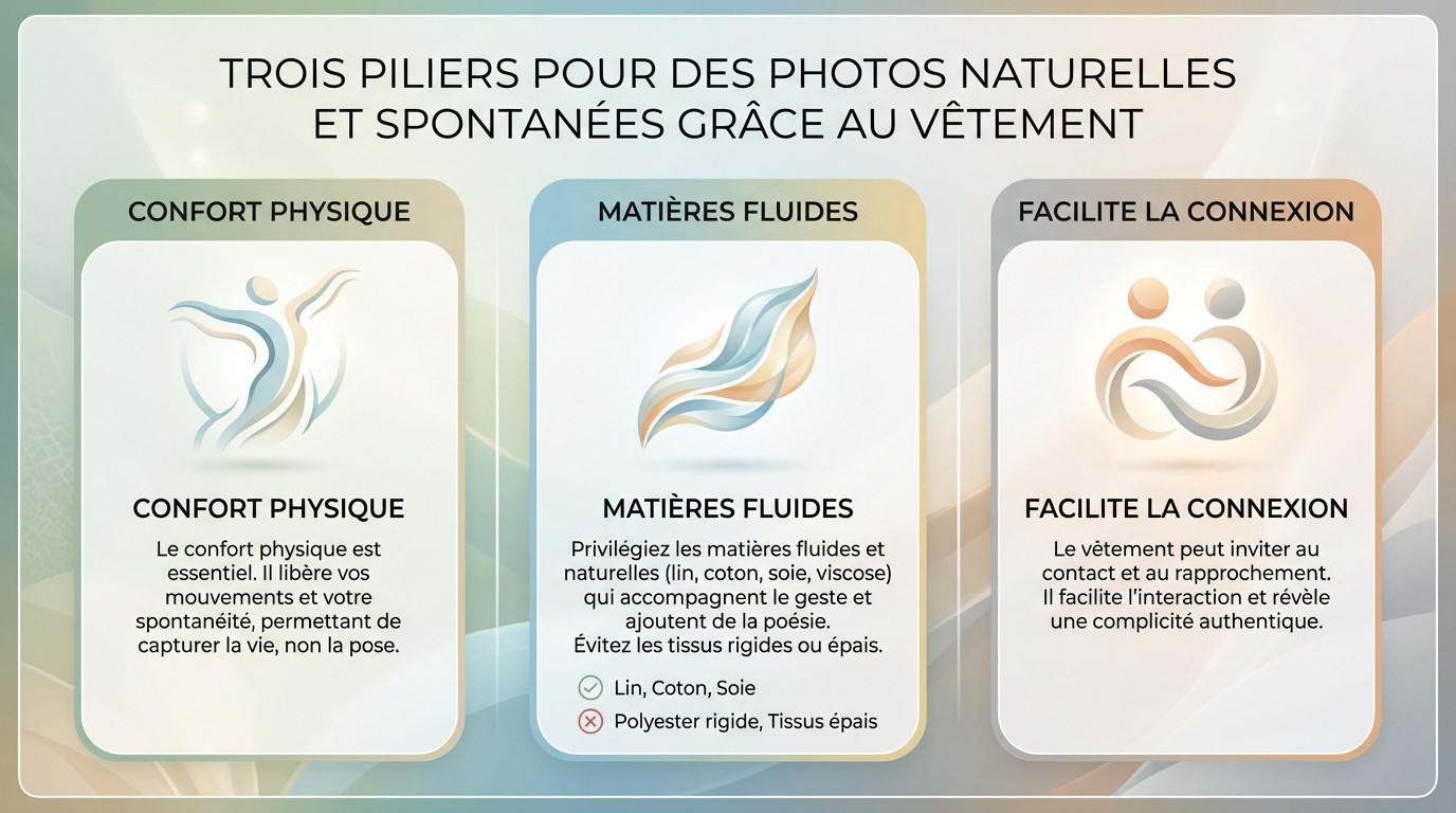 Couple complice portant des tenues fluides et confortables pour une séance photo naturelle