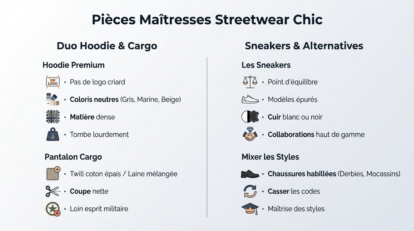 Tenue streetwear chic homme avec hoodie premium et pantalon cargo structuré