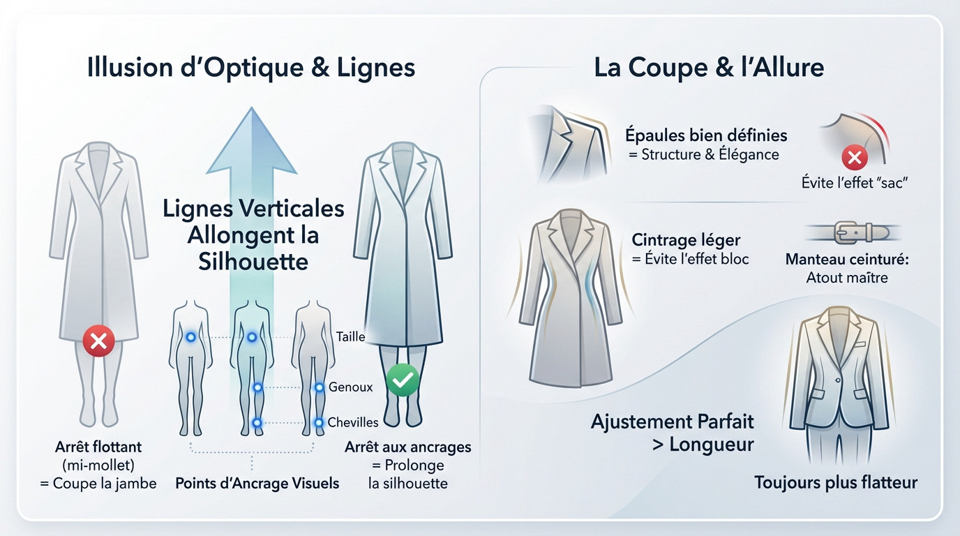 Schéma illustrant les proportions idéales et la coupe d'un manteau long pour homme