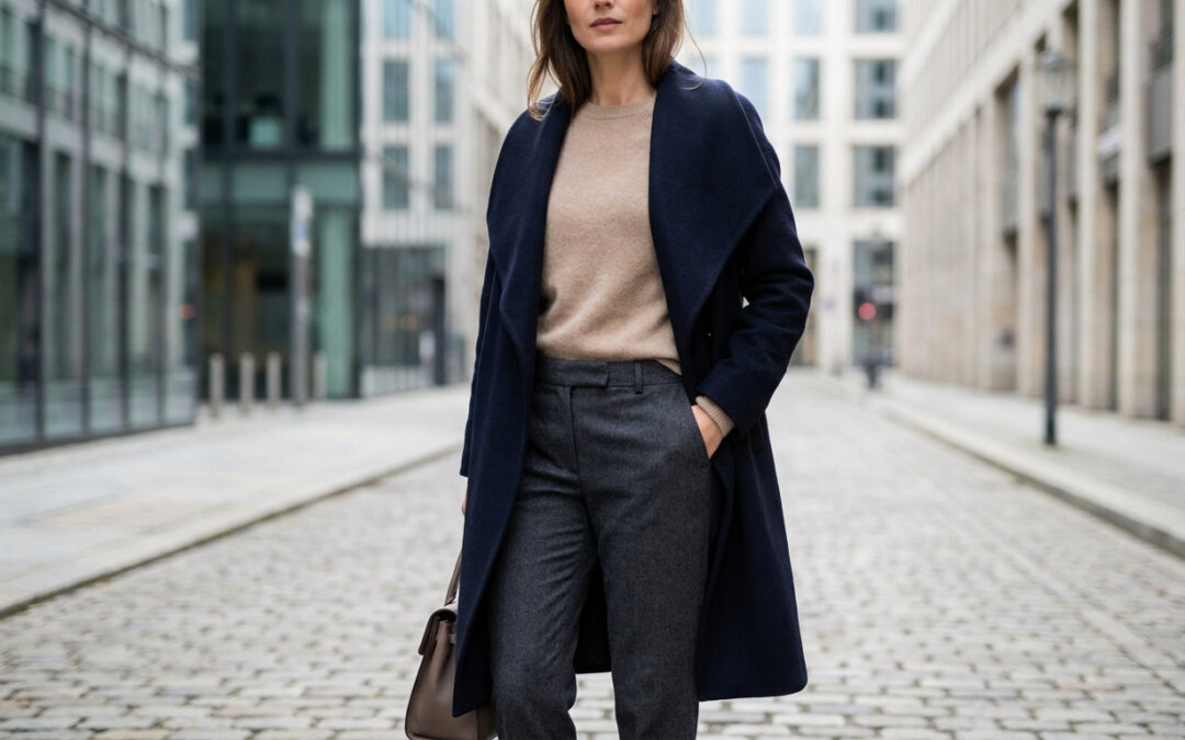 Woman in luxurious beige cashmere sweater, charcoal wool trousers, and navy coat draped in a soft-lit urban street, embodying quiet luxury.