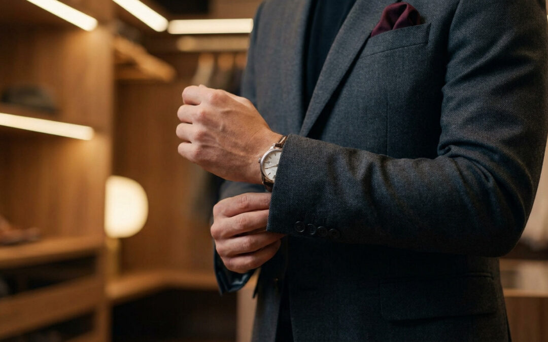 Close-up of hands adjusting a watch and blazer cuff in a modern closet, conveying neatness and preparedness.