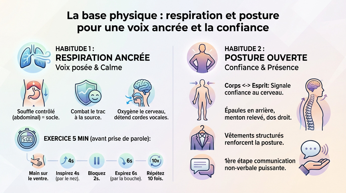 Posture ouverte et respiration calme pour <strong>parler avec assurance</strong>« ></p>
<h3>Habitude 1 : maîtriser sa respiration pour ancrer sa voix</h3>
<p>Tout part du souffle. Une respiration contrôlée, logée dans l&rsquo;abdomen, reste le socle indéboulonnable d&rsquo;une voix posée et calme. Elle désamorce le trac à la source pour vous permettre de parler avec assurance.</p>
<p>La pratique est simple. Inspirez par le nez en laissant le ventre se gonfler franchement, puis expirez avec une extrême lenteur par la bouche. Ce geste oxygène le cerveau et détend les cordes vocales pour un <strong>son plus riche</strong>.</p>
<ul>
<li><strong>Exercice 5 minutes</strong> ⏱️ :</li>
<li>Main sur le ventre pour <strong>sentir le mouvement</strong>.</li>
<li><strong>Inspirez sur 4 secondes</strong>.</li>
<li><strong>Bloquez 2 secondes</strong>.</li>
<li><strong>Expirez sur 6 secondes</strong>.</li>
<li><strong>Répétez 10 fois</strong> avant une prise de parole.</li>
</ul>
<h3>Habitude 2 : adopter une posture d&rsquo;ouverture</h3>
<p>Le corps commande l&rsquo;esprit. Une posture droite et ouverte ne sert pas juste à paraître confiant, elle <strong>signale chimiquement à votre cerveau de le devenir</strong>. Roulez les épaules en arrière, menton légèrement relevé, dos droit.</p>
<p>L&rsquo;assurance est aussi une question de style. Une tenue ajustée aide à <a href=