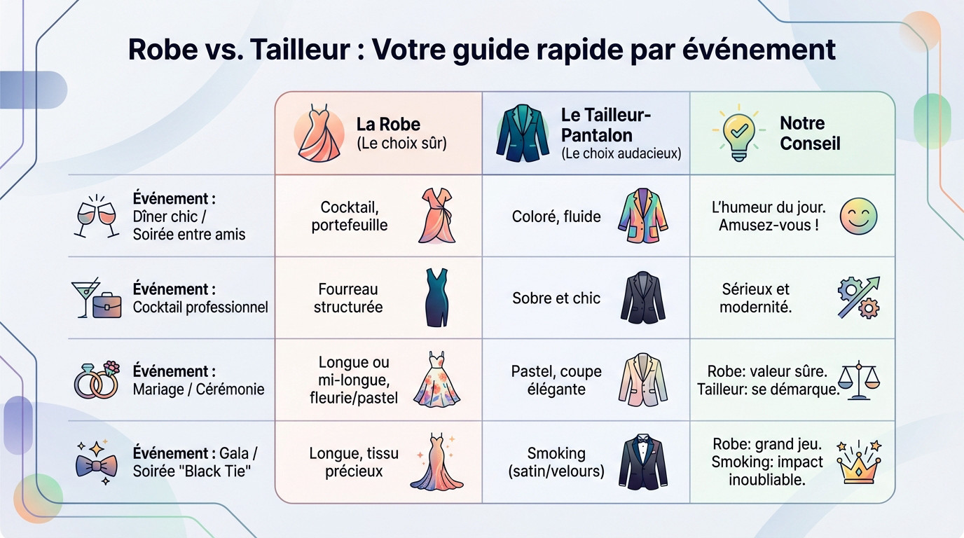 Tableau comparatif pour choisir entre robe et tailleur selon l'événement