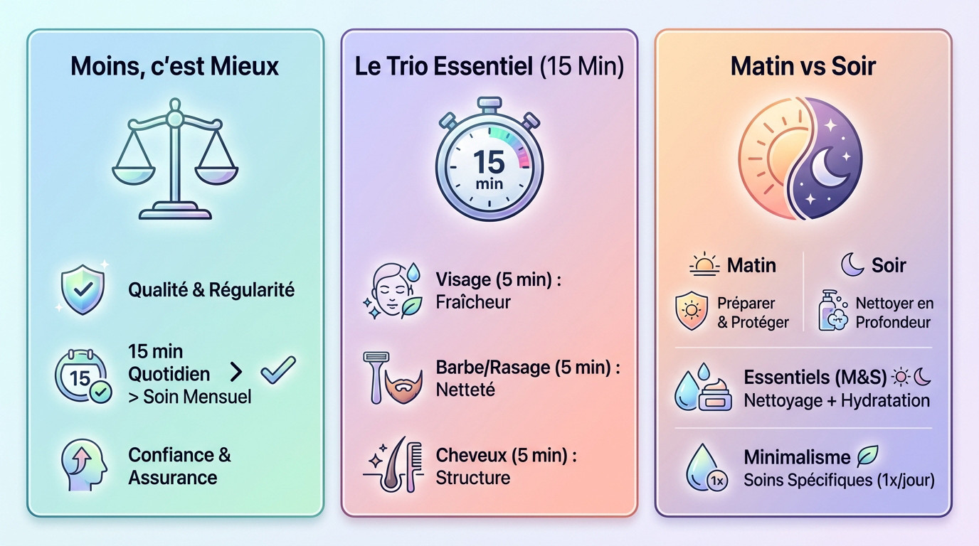 Homme réalisant sa routine de soin visage express devant un miroir