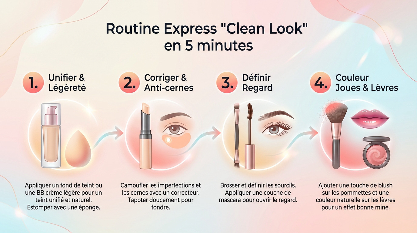 Femme appliquant un maquillage naturel et léger devant un miroir pour un look clean quotidien