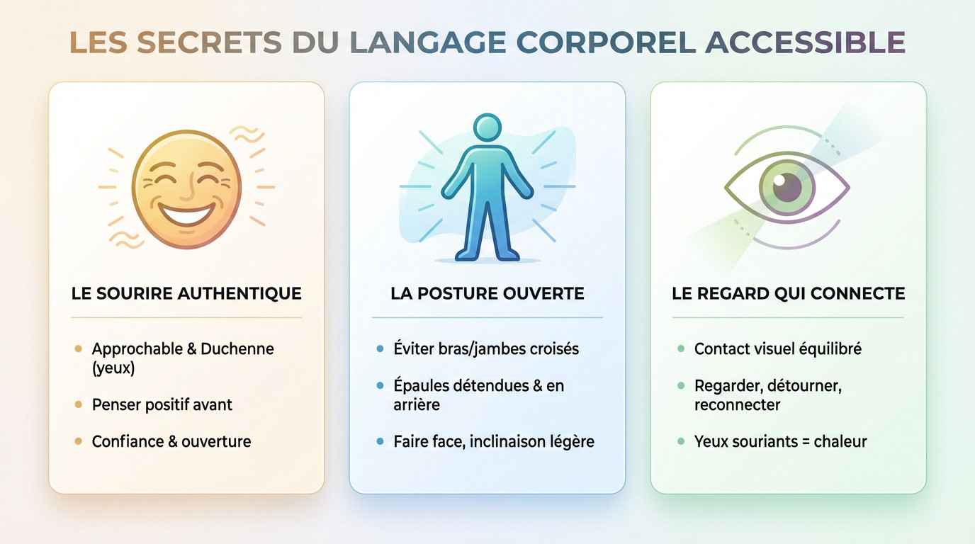 Femme souriante adoptant une posture ouverte et accessible lors d'une conversation