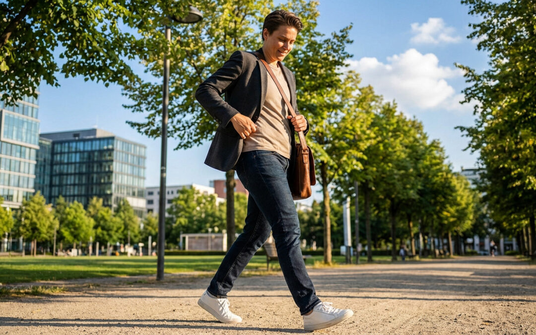 A stylish person in a blazer and jeans walks confidently through a sunlit urban park, carrying a messenger bag and smiling.