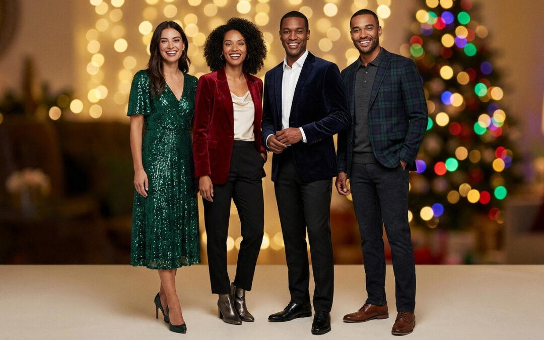 Diverse group of four smiling in elegant holiday party outfits against blurred festive lights and a Christmas tree.