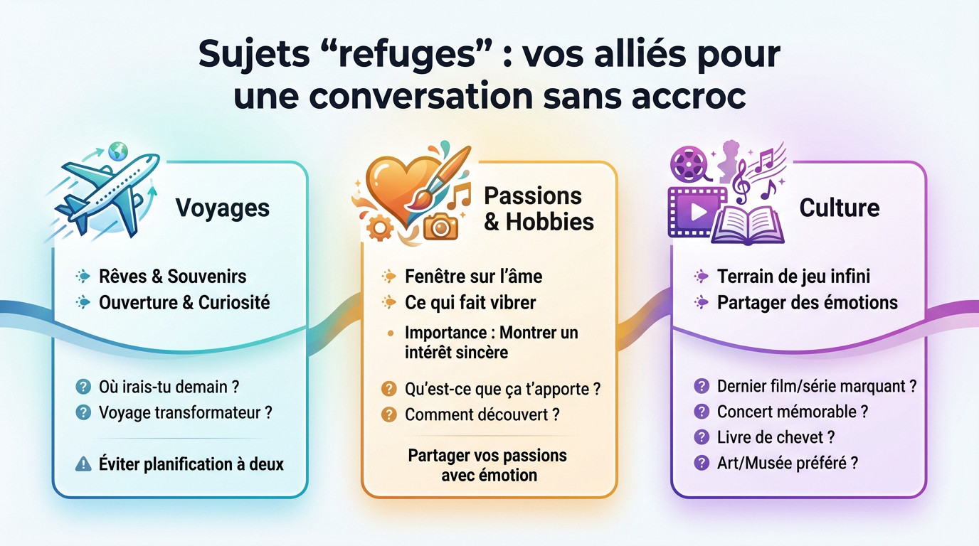 Couple souriant échangeant sur leurs passions lors d'un premier rendez-vous détendu