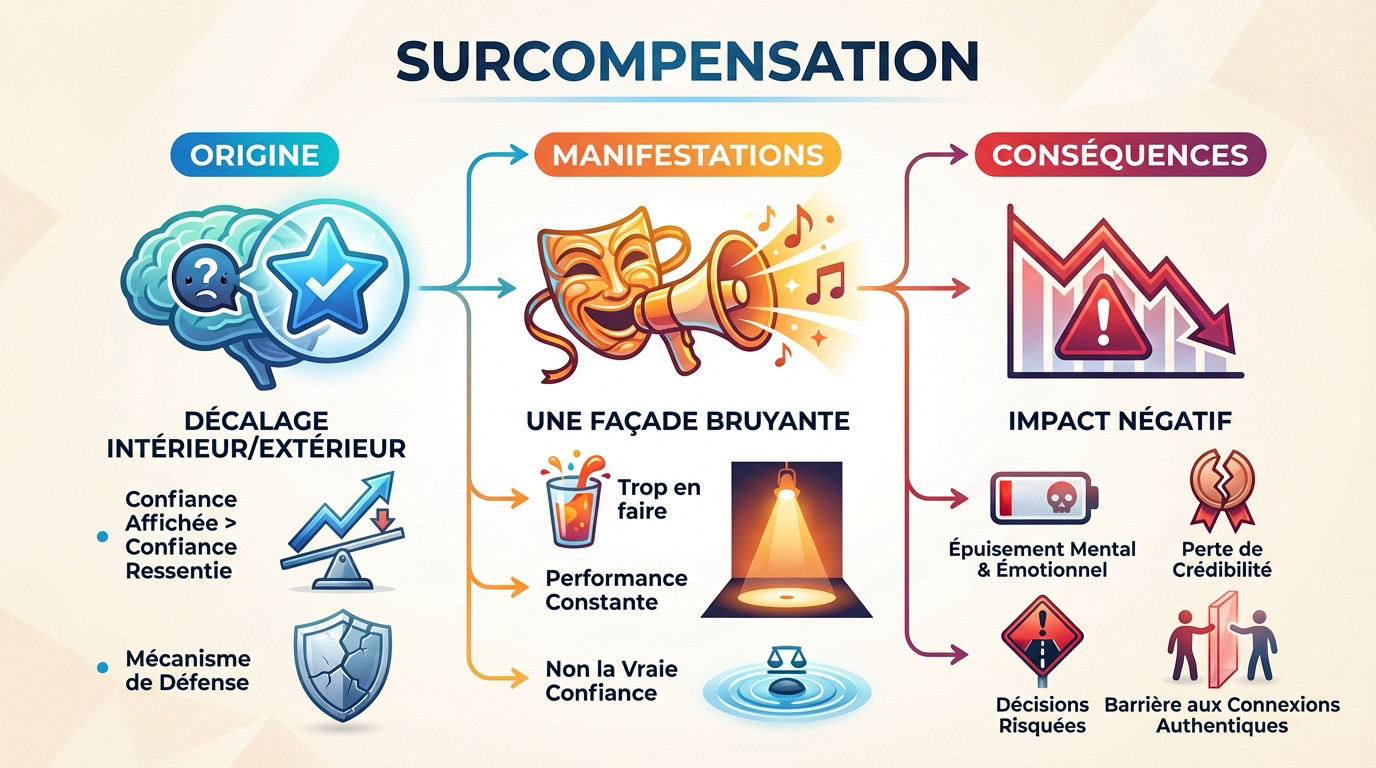 Illustration des mécanismes de surcompensation comportementale et du décalage entre confiance affichée et ressentie