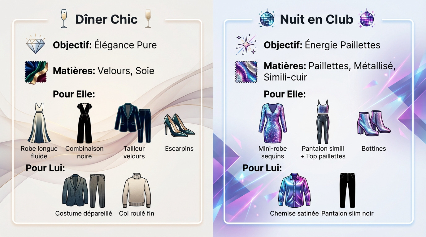 Comparaison tenue réveillon : dîner chic en robe velours et soirée club à paillettes