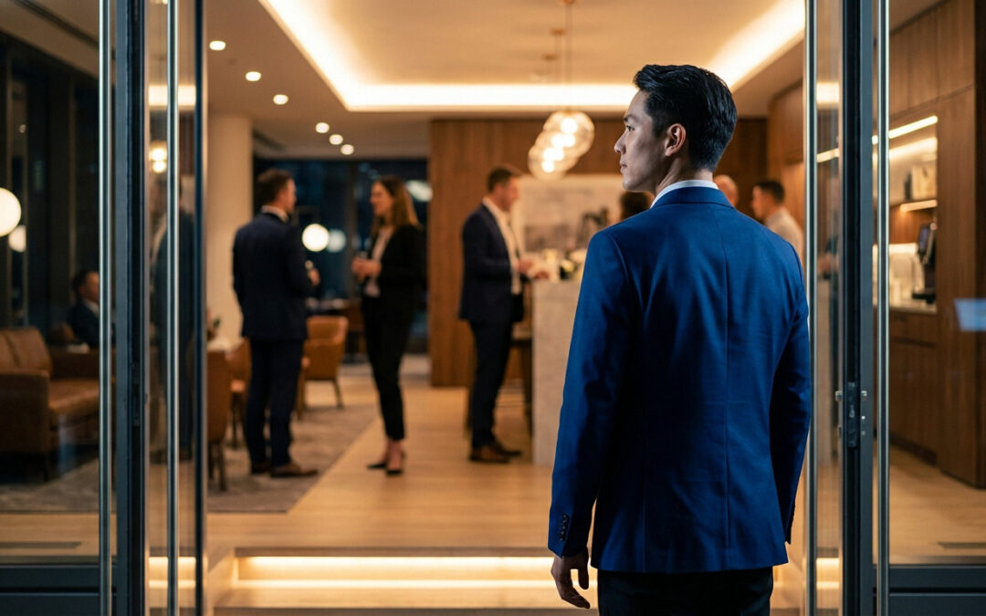 Confident man in blue suit jacket observes a modern, warmly lit event from a doorway, exuding silent charisma.