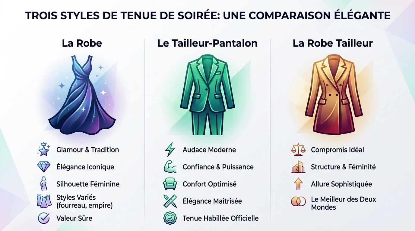 Comparaison élégante entre une robe de soirée, un tailleur pantalon et une robe blazer pour un événement chic