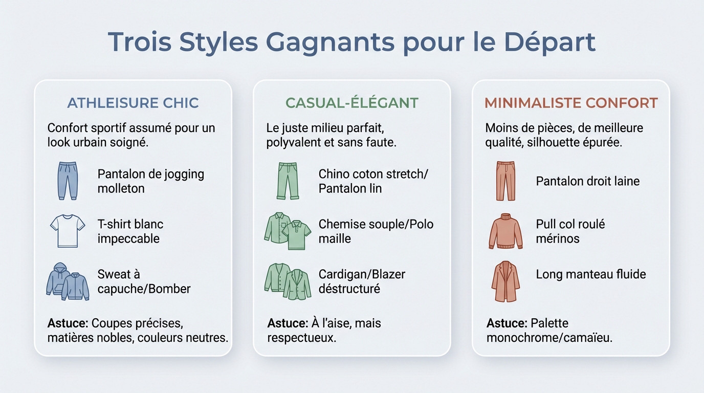 Composition de trois tenues de voyage confortables et stylées pour femme et homme