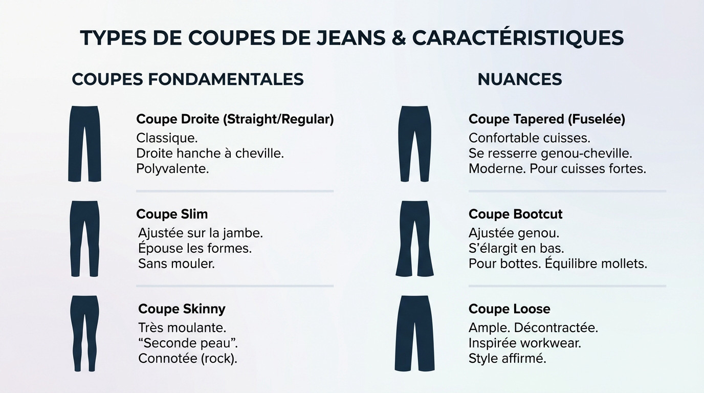 Illustration comparative des coupes de jeans homme : skinny, slim, regular et loose