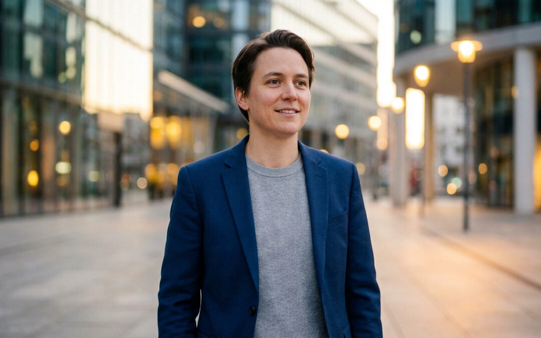 Anonymous person in smart-casual attire, smiling, standing in a softly lit modern city with blurred buildings.