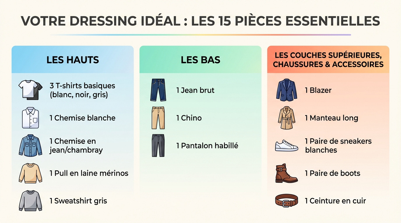 Illustration des 15 pièces essentielles pour une capsule wardrobe homme : t-shirts, chemises, pantalons et chaussures