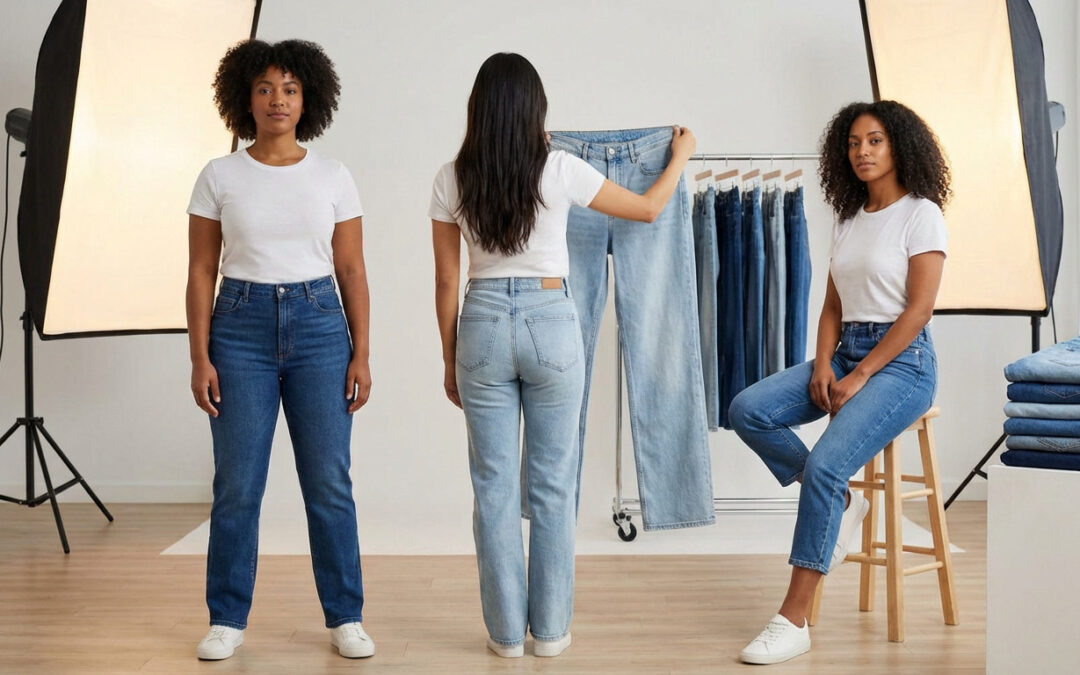 Three women in a bright studio showcase diverse denim jeans. One stands, one holds jeans, one sits, illustrating various fits and styles.